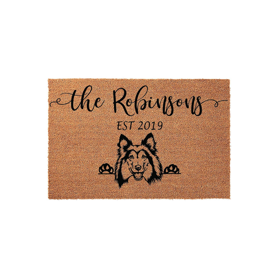 Personalized Collie Dog Doormat featuring a natural coir texture with a black printed illustration of a smiling Collie dog, custom family name, and established year, creating a welcoming entrance for any pet-loving home.
