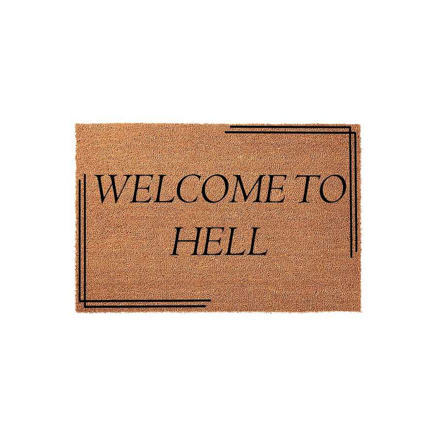 Welcome to Hell funny doormat featuring a natural coir texture and bold black lettering, framed by simple geometric corner lines on a clean white background for a humorous and sarcastic entryway decor statement piece.