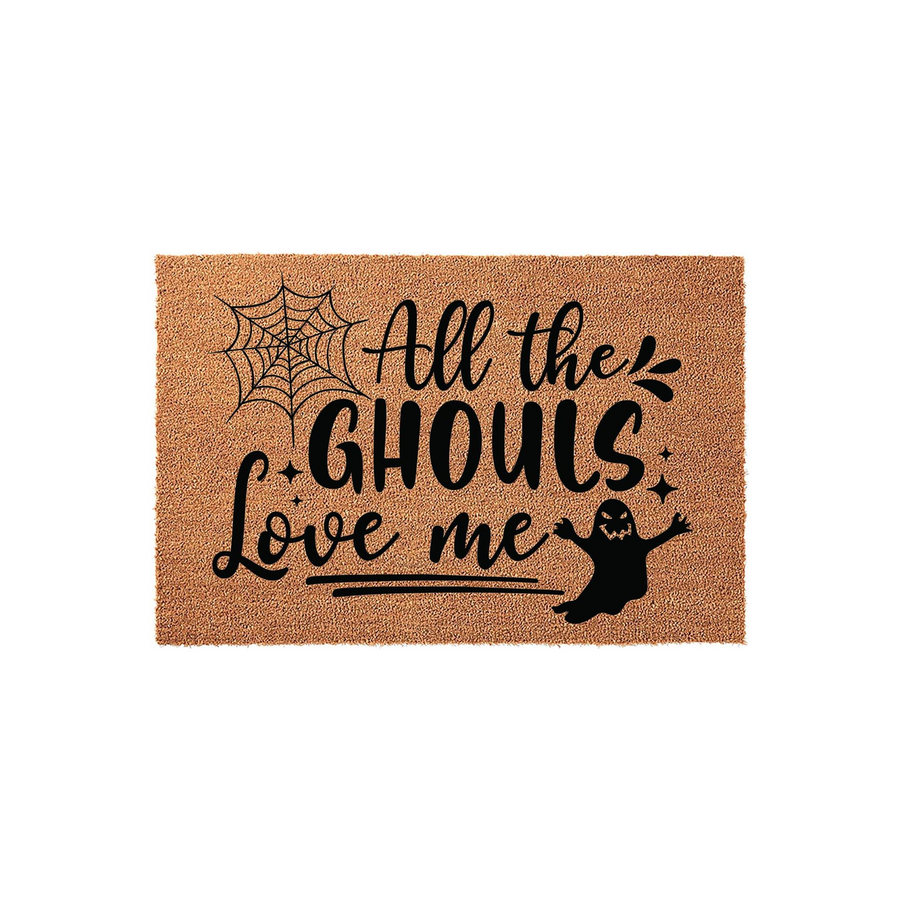 All the Ghouls Love Me Halloween doormat featuring a natural coir texture with black printed text, a spiderweb graphic, and a cute ghost illustration, making it a fun seasonal entryway decor piece for your front porch this