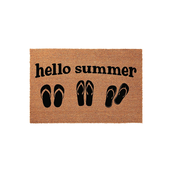 Hello Summer coir doormat featuring a natural tan fiber texture with black printed text and three pairs of flip-flops, creating a festive seasonal entryway decor piece for your front porch or home entrance during the warm summer