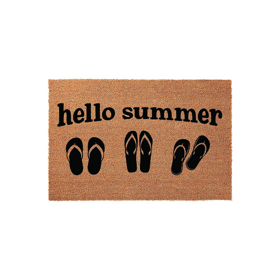 Hello Summer coir doormat featuring a natural tan fiber texture with black printed text and three pairs of flip-flops, creating a festive seasonal entryway decor piece for your front porch or home entrance during the warm summer