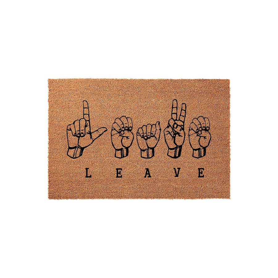 Funny Leave Sign Language Doormat featuring black hand signs spelling out the word LEAVE on a natural brown coir fiber mat, creating a humorous and unique entryway decor piece for your home that is sure to make guests laugh at