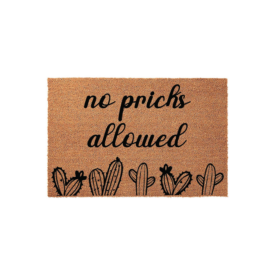 No Pricks Allowed cactus doormat made of natural coir fiber, featuring a humorous black script font and a row of illustrated desert cacti at the bottom, set against a clean white background for a modern home entryway decor style.
