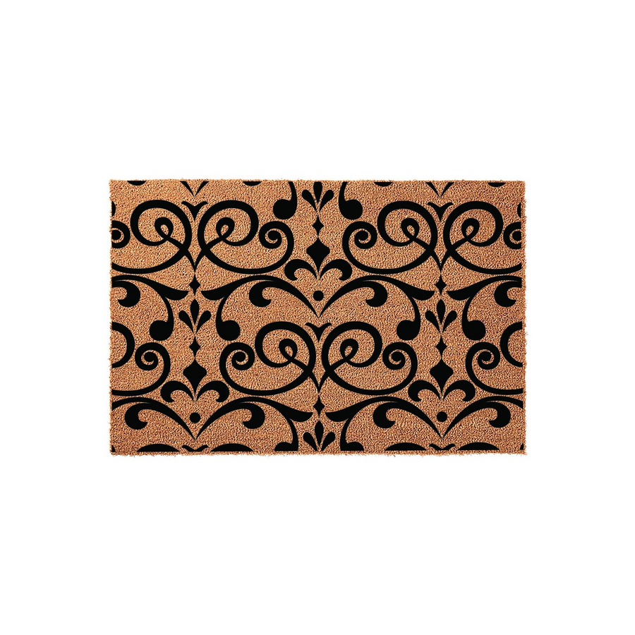 Damask Pattern Coir Doormat featuring a classic black scrollwork design printed on a natural tan coconut fiber background, providing a sophisticated and durable entryway accent for your home porch or front door decor.