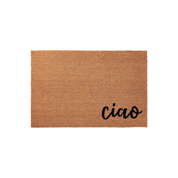 Ciao coir doormat featuring a natural brown fiber texture and bold black script lettering on the bottom right corner, providing a welcoming and stylish entrance accent for your front porch or home entryway on a clean white