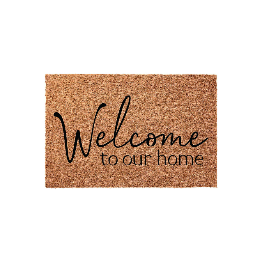 Welcome to our home coir doormat featuring a natural brown fiber texture and elegant black script lettering, providing a warm and inviting entrance for your front porch or entryway decor in a clean, isolated studio product shot.