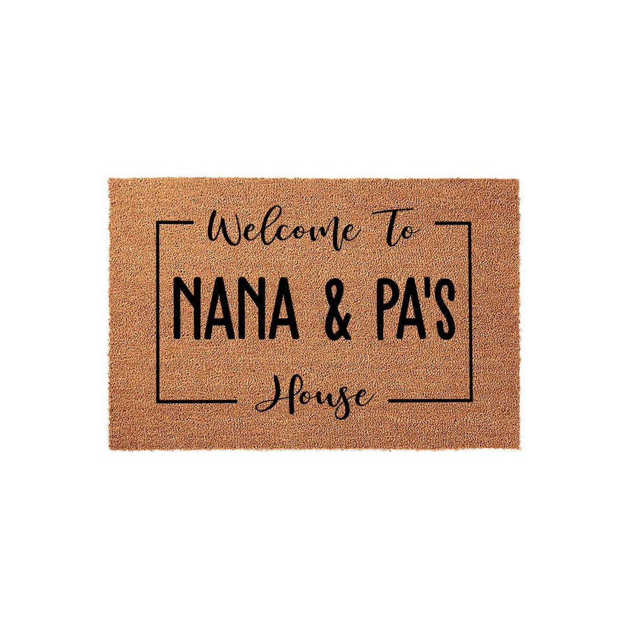 Personalized Nana and Pa's House coir doormat featuring a natural brown fiber texture with black text inside a simple rectangular border, creating a welcoming entryway decor piece for a grandparent's home on a clean white