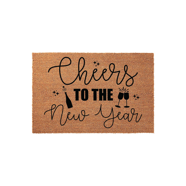 Cheers to the New Year coir doormat featuring a natural tan fiber texture with black printed text, a champagne bottle, and two clinking glasses to celebrate the holiday season at your front door entrance for a festive home decor