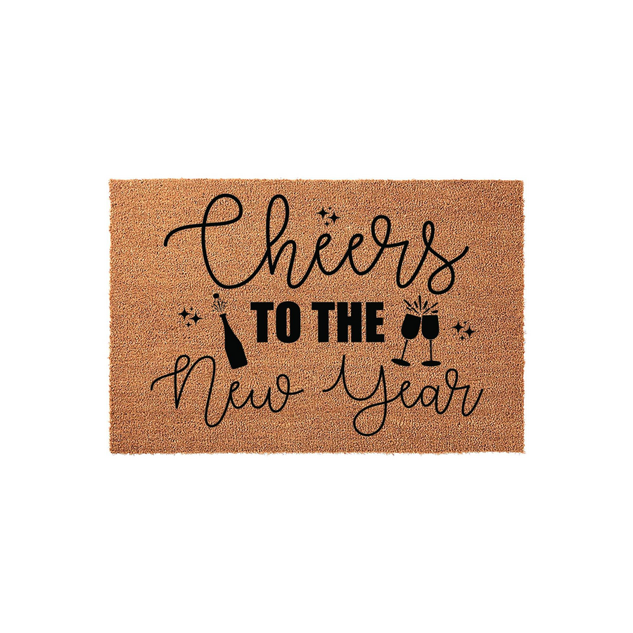 Cheers to the New Year coir doormat featuring a natural tan fiber texture with black printed text, a champagne bottle, and two clinking glasses to celebrate the holiday season at your front door entrance for a festive home decor