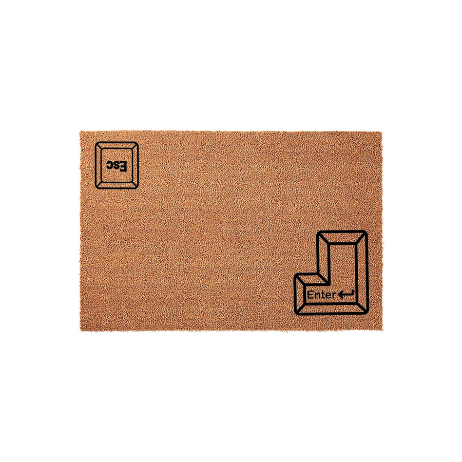 Computer Keyboard Key Doormat featuring a natural coir texture with a black printed Esc key in the top left corner and a large Enter key in the bottom right, creating a fun tech-inspired welcome mat for any gamer or office home