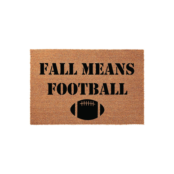 Fall Means Football coir doormat featuring bold black text and a graphic of a football on a natural brown fiber background, making it a festive seasonal welcome mat for any sports fan's front porch or entryway during the autumn