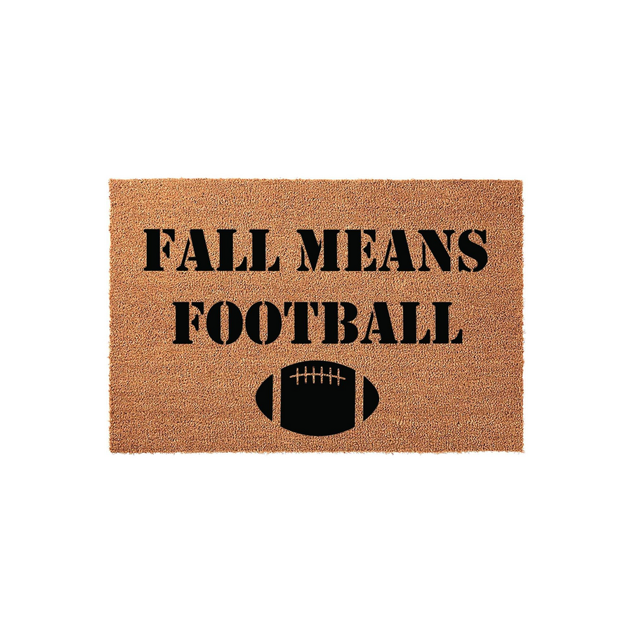 Fall Means Football coir doormat featuring bold black text and a graphic of a football on a natural brown fiber background, making it a festive seasonal welcome mat for any sports fan's front porch or entryway during the autumn