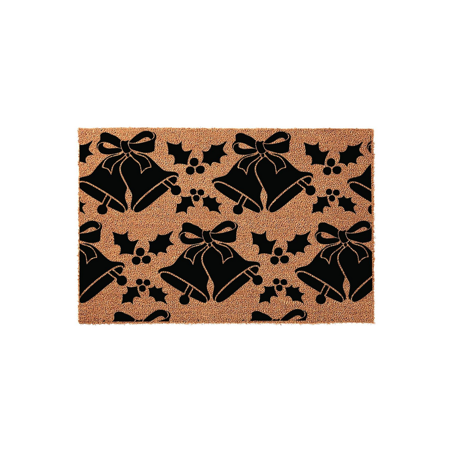 Christmas Jingle Bell Coir Doormat featuring a repeating pattern of black holiday bells and holly leaves printed on a natural brown coconut fiber mat, creating a festive seasonal welcome for your front porch entryway decor.