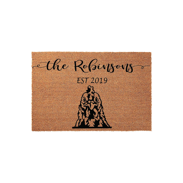Personalized family name coir doormat featuring a black silhouette of a chicken, customized with a family name and established year in elegant script and serif fonts on a natural tan textured background for a farmhouse entryway.