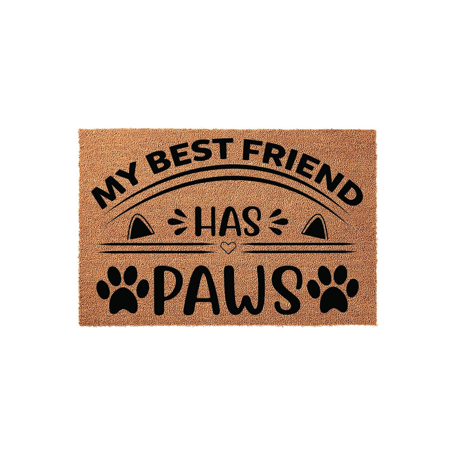 My Best Friend Has Paws coir doormat featuring a natural tan fiber texture and bold black text with cute animal ear and paw print graphics, creating a charming entryway accent for any dog or cat lover looking to welcome guests