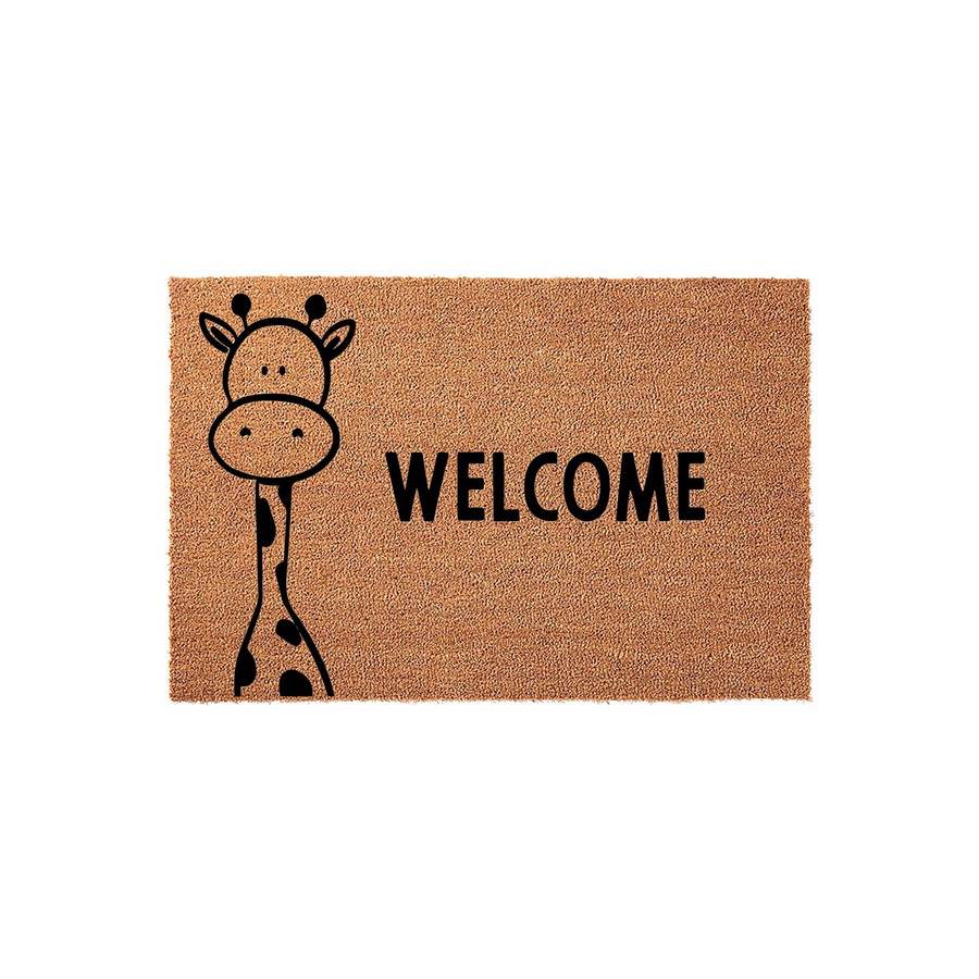 Giraffe Welcome Doormat featuring a cute cartoon giraffe illustration on a natural coir fiber background, with the word Welcome printed in bold black letters to create a fun and inviting entryway for your home or front porch