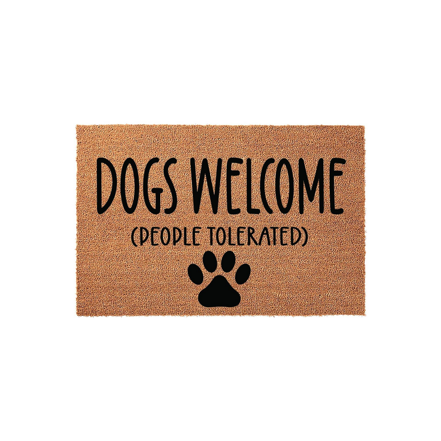 Dogs Welcome People Tolerated coir doormat featuring a humorous message in black text and a large paw print icon, set against a natural brown fiber background for a fun and welcoming front porch entrance for any dog lover home.