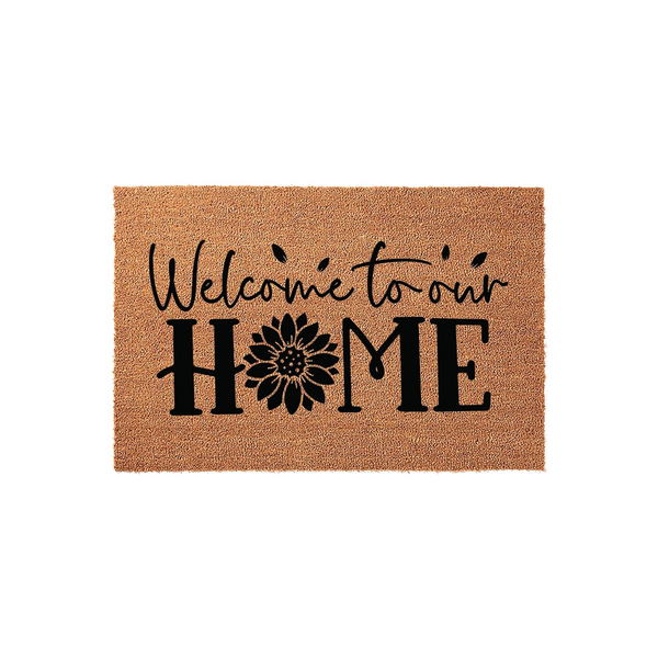 Sunflower Welcome to our Home doormat featuring a natural coir fiber texture and bold black lettering, with a detailed sunflower illustration replacing the letter O to create a charming farmhouse aesthetic for your front porch