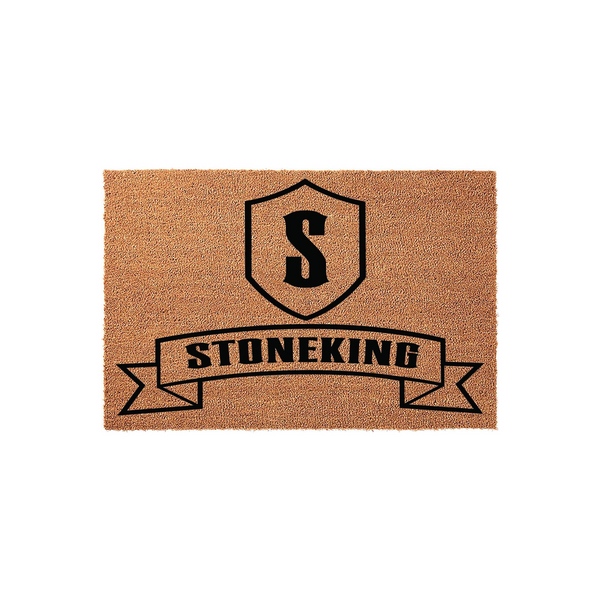 Personalized Family Name Coir Doormat featuring a bold black shield with a central letter S and a decorative banner below, providing a durable and stylish welcome mat for your front porch entrance with a classic custom design.