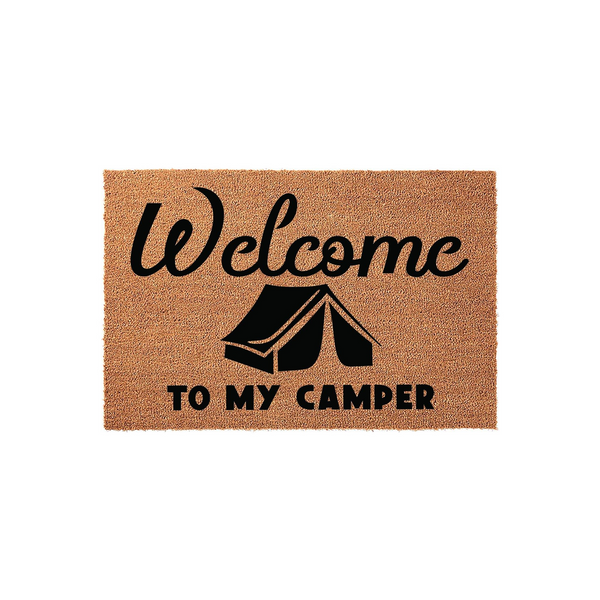 Welcome To My Camper doormat featuring a natural coir texture with black printed text and a tent graphic, providing a rustic and functional outdoor floor covering for your camping adventures or travel trailer entrance area.
