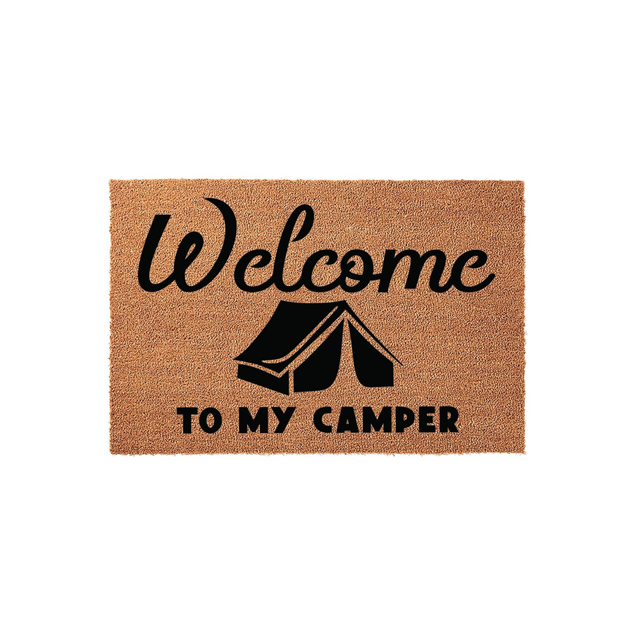 Welcome To My Camper doormat featuring a natural coir texture with black printed text and a tent graphic, providing a rustic and functional outdoor floor covering for your camping adventures or travel trailer entrance area.