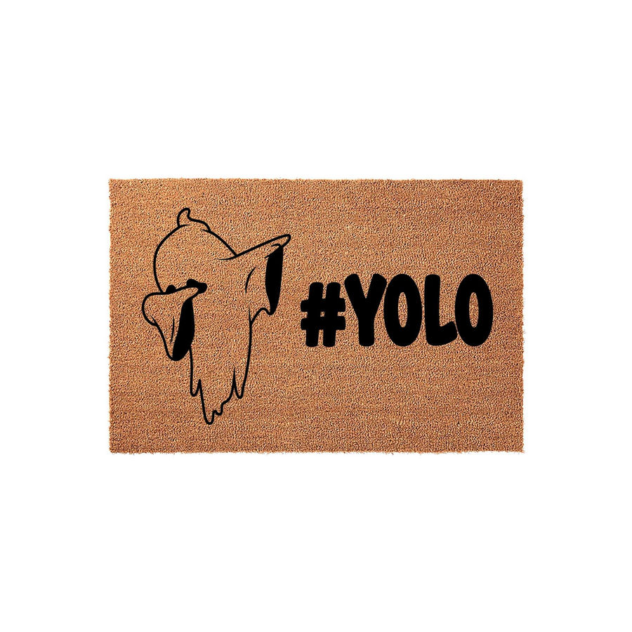 Ghost #YOLO Halloween doormat featuring a natural coir texture with a black line art illustration of a friendly ghost and bold text, making it a fun and spooky addition to your front porch decor for the autumn holiday season.
