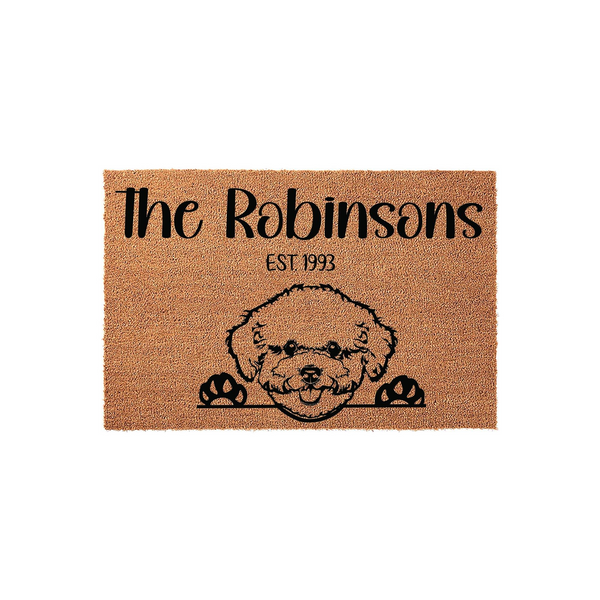 Personalized Poodle Coir Doormat featuring a cute illustrated dog peeking over the bottom edge, customized with a family name and established year printed in bold black text against the natural tan textured fiber background.
