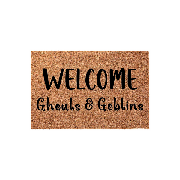 Halloween Welcome Ghouls and Goblins doormat made of natural coir fiber, featuring bold black text printed on a textured brown background to create a festive and spooky entryway decoration for the fall season and trick or