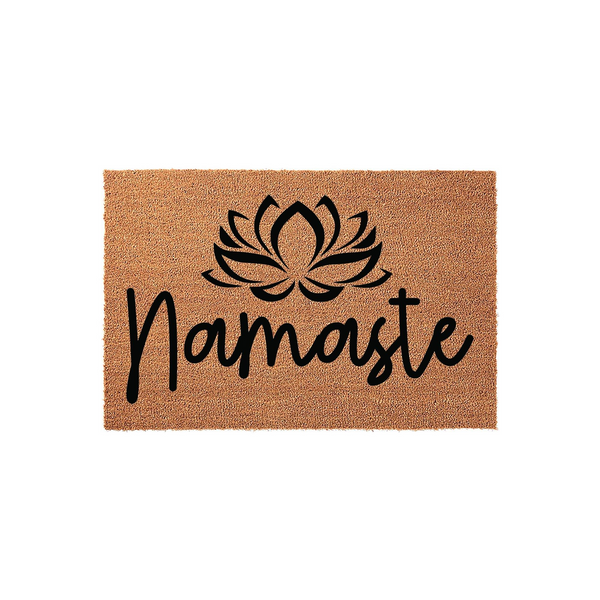 Namaste lotus flower coir doormat featuring a natural brown fiber texture with a bold black graphic of a blooming lotus blossom and the word Namaste written in a stylish cursive script for a welcoming front porch entryway decor.