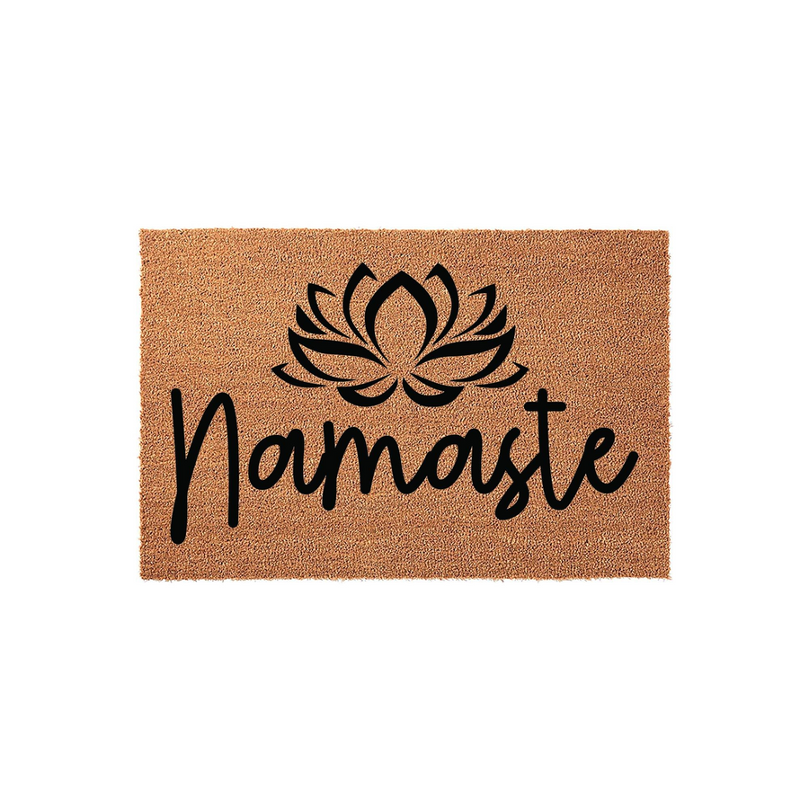 Namaste lotus flower coir doormat featuring a natural brown fiber texture with a bold black graphic of a blooming lotus blossom and the word Namaste written in a stylish cursive script for a welcoming front porch entryway decor.