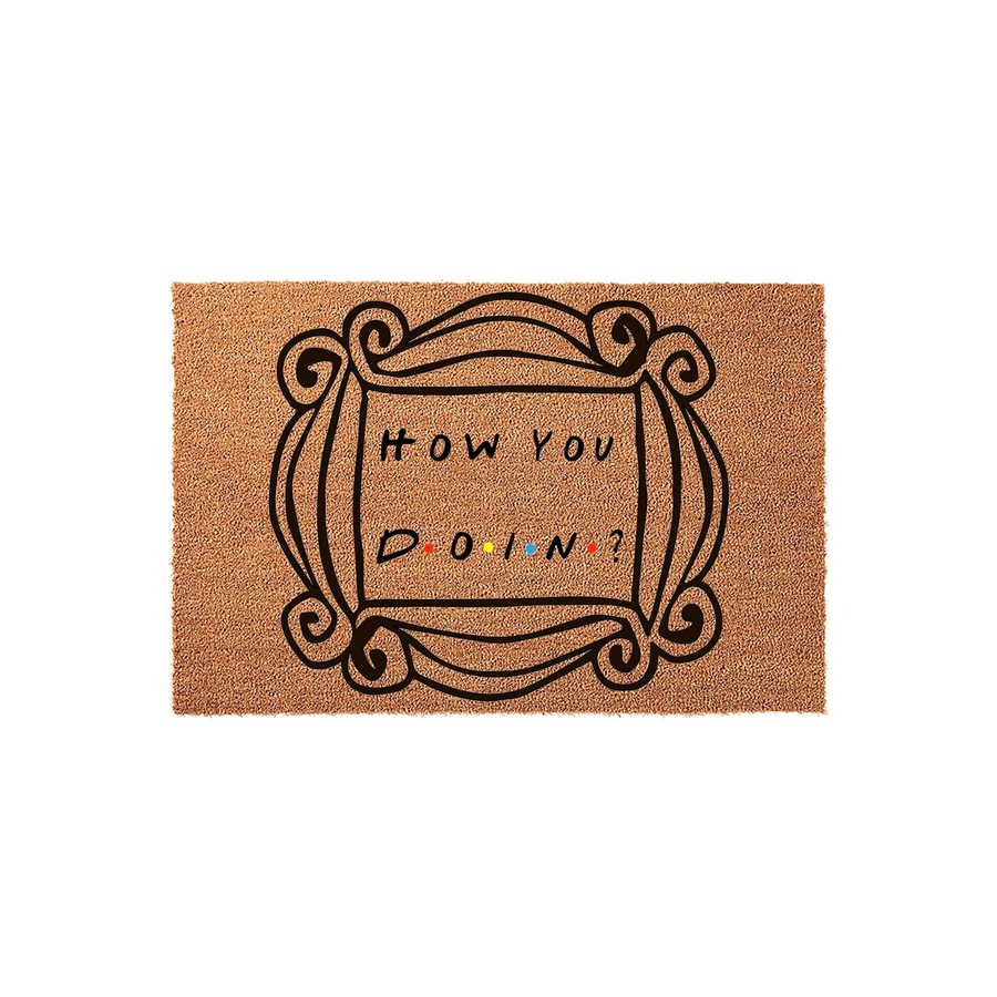 Friends TV show inspired coir doormat featuring the iconic yellow peephole frame design and the famous catchphrase How You Doin printed in black text on a natural brown coconut fiber background for a fun and nostalgic entryway