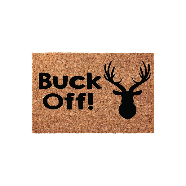 Buck Off! funny deer doormat featuring a natural coir texture and a bold black silhouette of a buck head with antlers, making it a humorous and rustic outdoor welcome mat for any cabin, lodge, or hunting enthusiast home entrance.