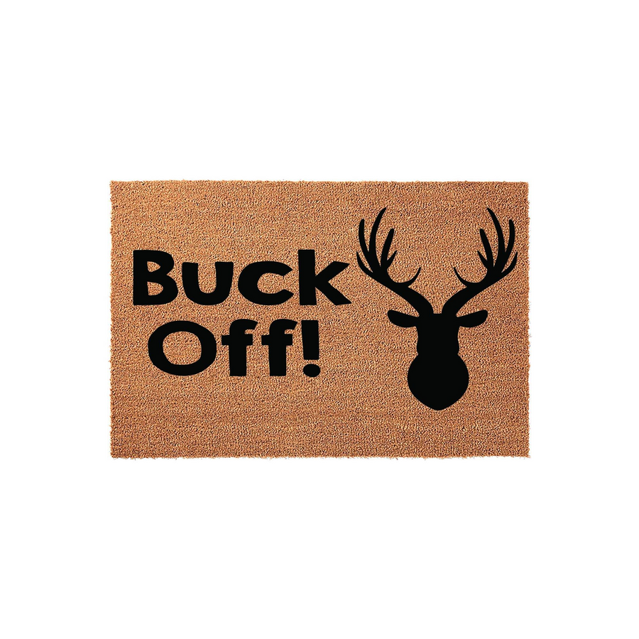 Buck Off! funny deer doormat featuring a natural coir texture and a bold black silhouette of a buck head with antlers, making it a humorous and rustic outdoor welcome mat for any cabin, lodge, or hunting enthusiast home entrance.