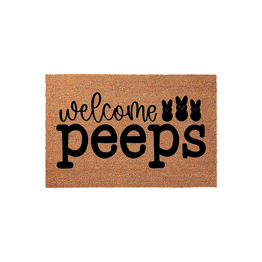 Easter Welcome Peeps doormat featuring a natural coir texture with black printed text and three cute bunny silhouettes, creating a festive spring entryway decor piece for your front porch or home entrance during the holiday