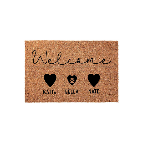 Personalized Pet Welcome Doormat featuring a natural coir texture with the word Welcome in script, three black hearts, and a central paw print icon, providing a custom entryway accent for families with beloved furry friends.