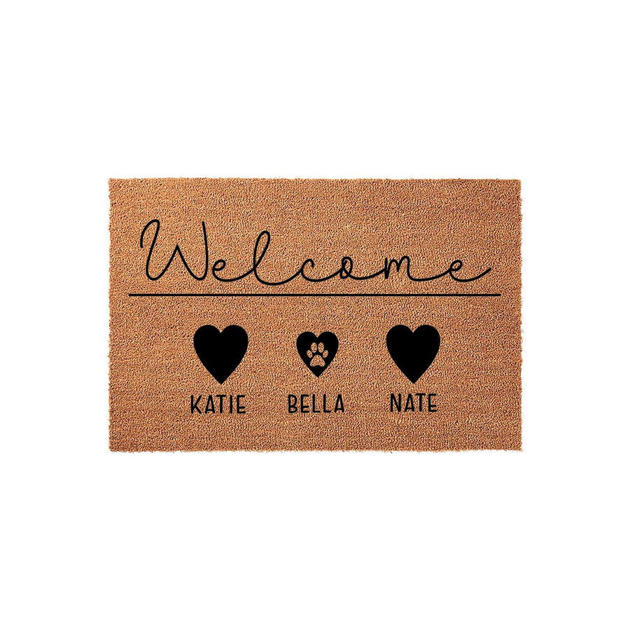 Personalized Pet Welcome Doormat featuring a natural coir texture with the word Welcome in script, three black hearts, and a central paw print icon, providing a custom entryway accent for families with beloved furry friends.