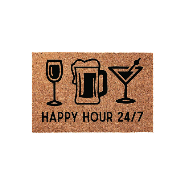 Happy Hour 24/7 coir doormat featuring black printed icons of a wine glass, a frothy beer mug, and a martini glass, set against a natural tan textured fiber background for a fun and welcoming home entryway decor statement.