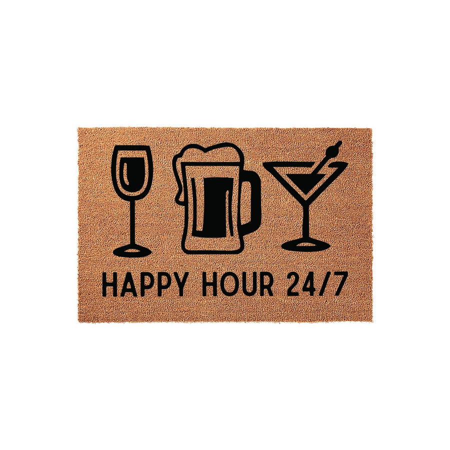 Happy Hour 24/7 coir doormat featuring black printed icons of a wine glass, a frothy beer mug, and a martini glass, set against a natural tan textured fiber background for a fun and welcoming home entryway decor statement.
