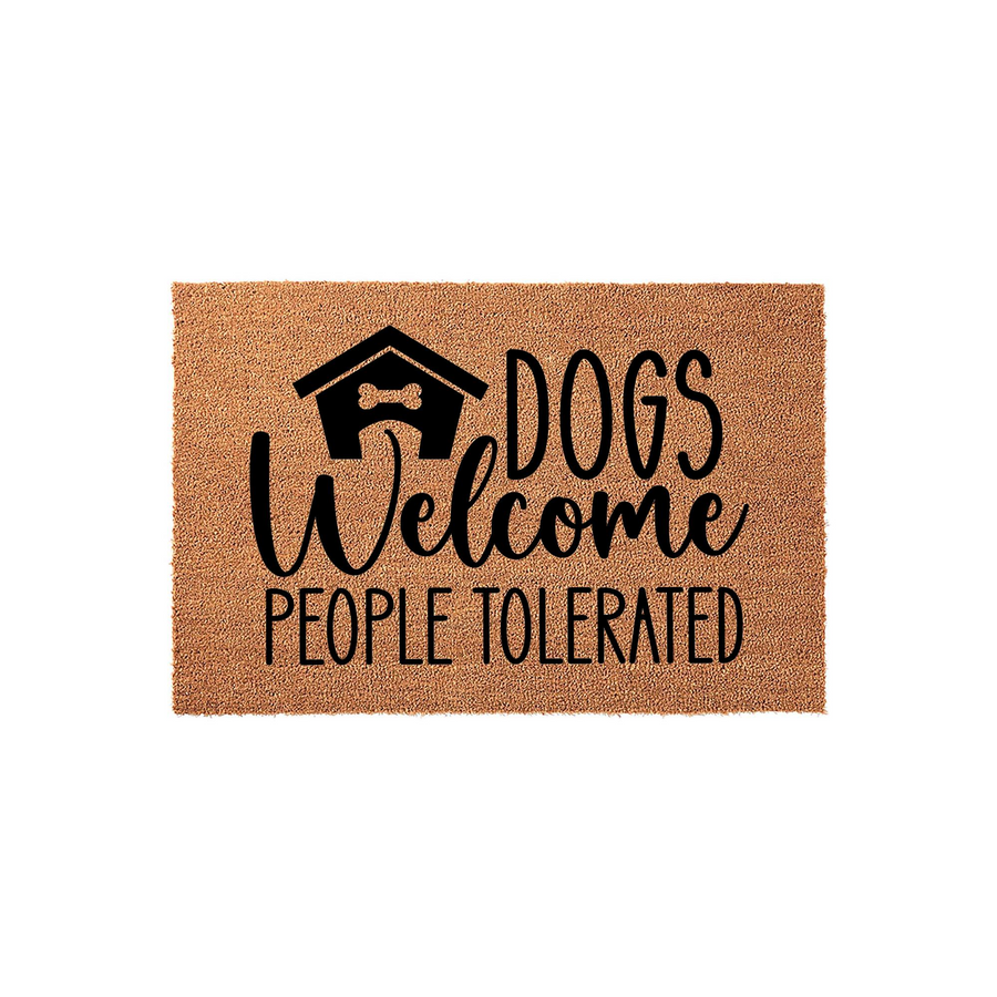 Dogs Welcome People Tolerated coir doormat featuring a black dog house icon with a bone inside, printed on a natural brown coconut fiber mat that adds a humorous and welcoming touch to any front porch or entryway decor for pet