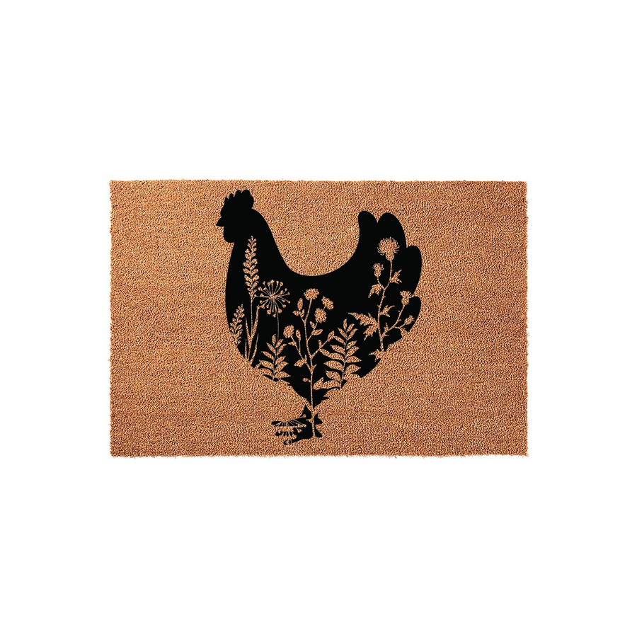 Floral Chicken Coir Doormat featuring a black silhouette of a hen filled with intricate botanical wildflower illustrations, set against a natural brown textured coir background for a rustic farmhouse entryway decor style.