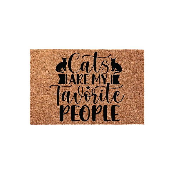 Cats Are My Favorite People coir doormat featuring black cat silhouettes and bold typography on a natural brown fiber background, making a fun and welcoming entrance rug for any cat lover's home decor or front porch entryway.