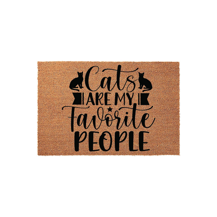 Cats Are My Favorite People coir doormat featuring black cat silhouettes and bold typography on a natural brown fiber background, making a fun and welcoming entrance rug for any cat lover's home decor or front porch entryway.