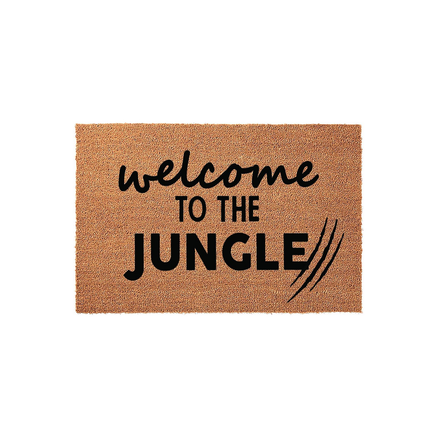 Welcome to the Jungle coir doormat featuring a natural brown fiber texture and bold black lettering, designed with a fun tropical theme that adds a playful touch to your front porch entryway decor for any plant lover home.