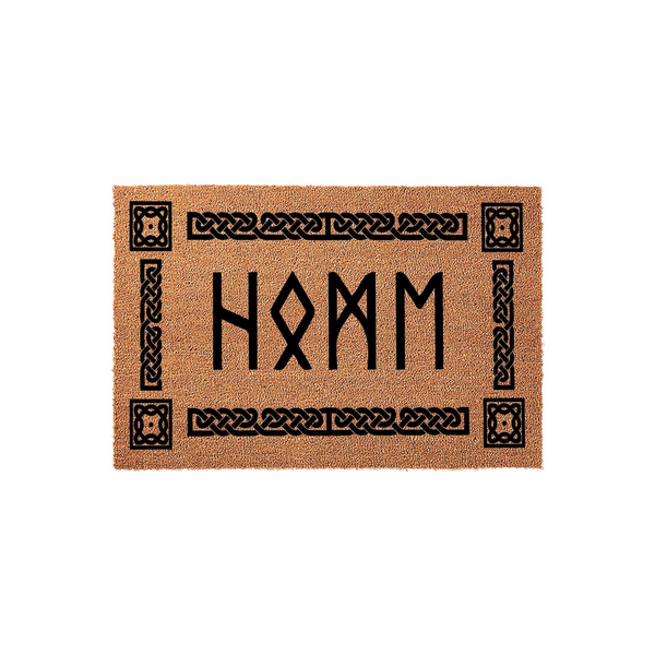 Personalized Viking Style Coir Doormat featuring a custom family name in bold runic lettering, surrounded by a decorative black Celtic knot border on a natural tan fiber background for a unique and rustic entryway decor statement.