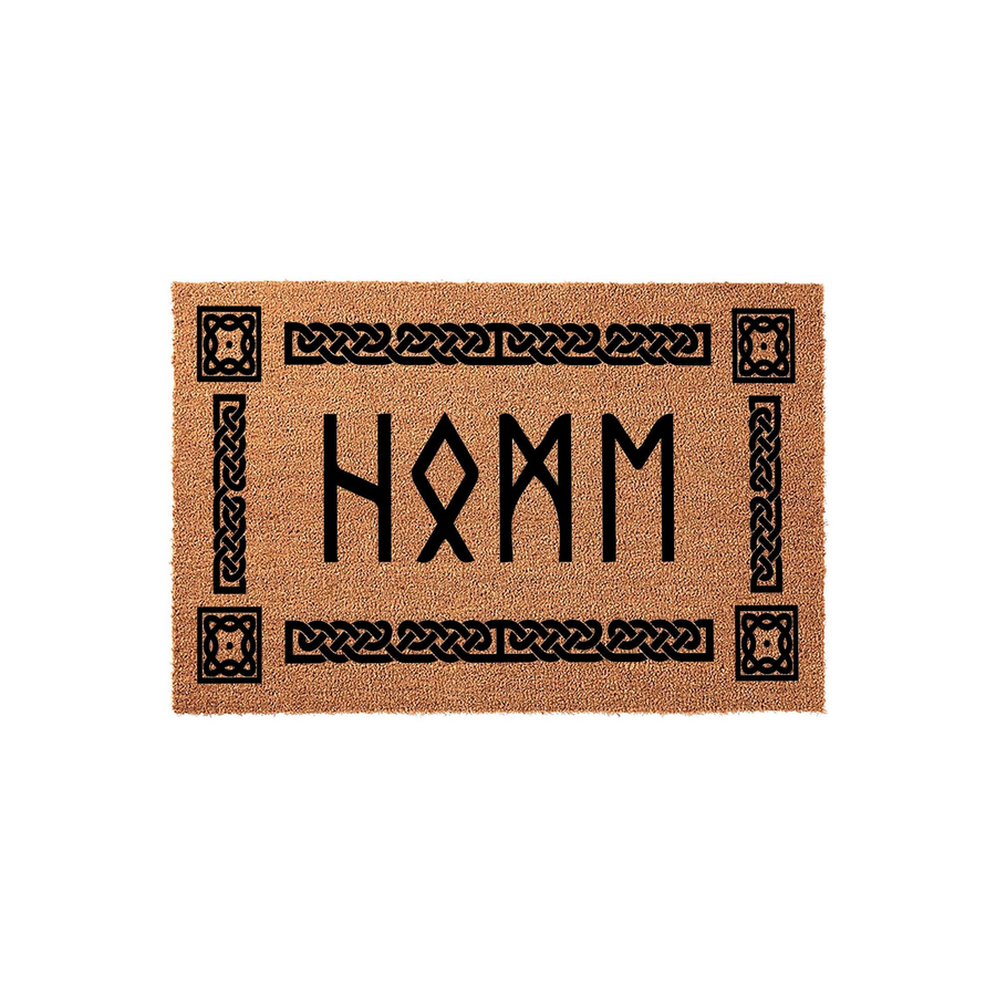Personalized Viking Style Coir Doormat featuring a custom family name in bold runic lettering, surrounded by a decorative black Celtic knot border on a natural tan fiber background for a unique and rustic entryway decor statement.