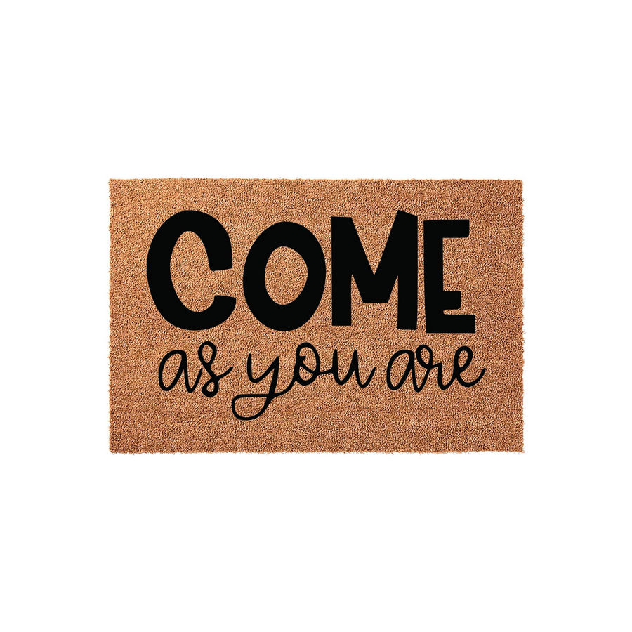 Come As You Are coir doormat featuring a natural brown fiber texture and bold black lettering, providing a welcoming and rustic aesthetic for your front porch entrance while keeping your home clean with its durable outdoor