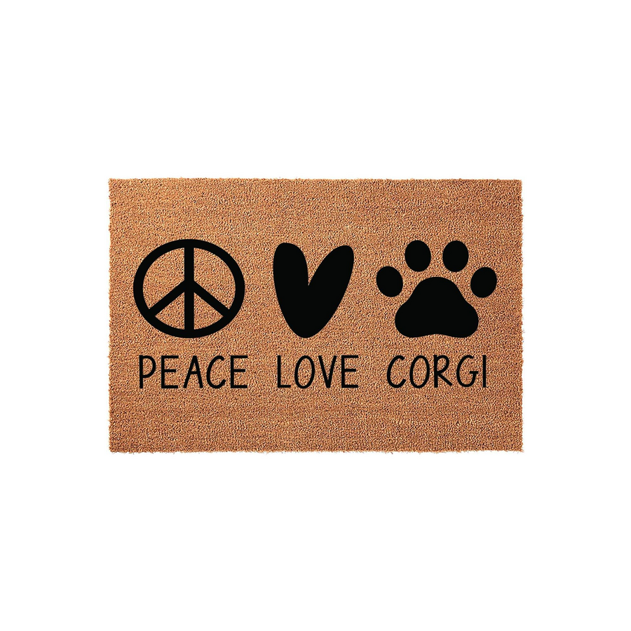 Peace Love Corgi doormat made of natural coir fiber, featuring a black printed design with a peace sign, a heart, and a dog paw print, perfect for any dog lover looking to add a fun and welcoming touch to their front porch