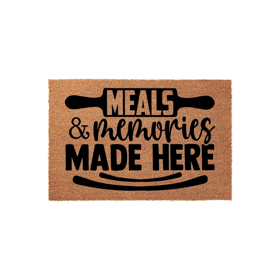 Meals and Memories Made Here kitchen doormat featuring a natural coir texture and bold black typography, designed with a rolling pin graphic to add a warm, inviting touch to your home entryway or cooking space decor.