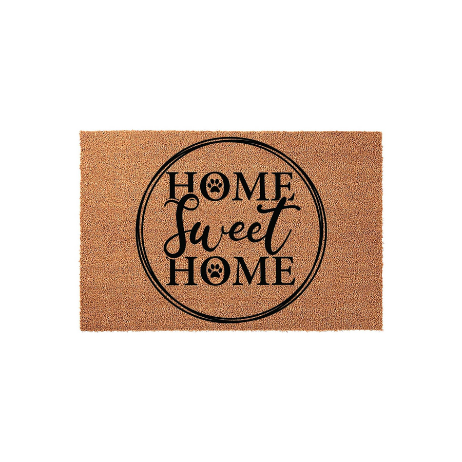 Home Sweet Home pet lover doormat featuring a natural coir texture and a circular black design with paw print accents, providing a welcoming entrance for dog and cat owners who want to showcase their love for furry family members