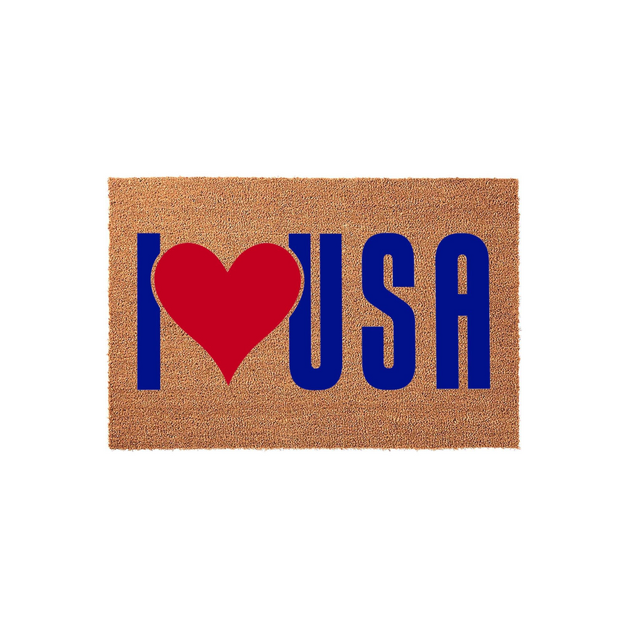 I Love USA Coir Doormat featuring a bold blue I and USA text with a large red heart replacing the letter L, set against a natural brown textured coir background to create a patriotic welcome mat for your front porch or entryway